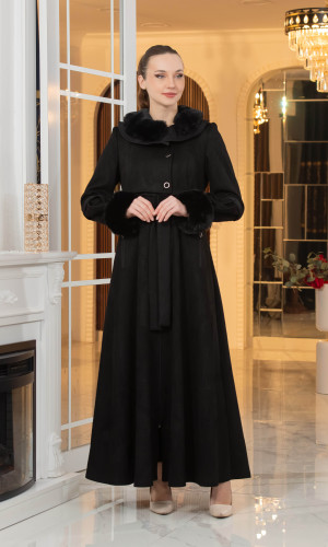 معطف شامواه طويل ببطانة فرو - كود 1373 - اسود