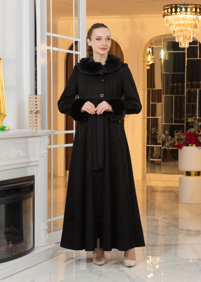 Long Suede Coat with Fur Lining - Code 1373 - black