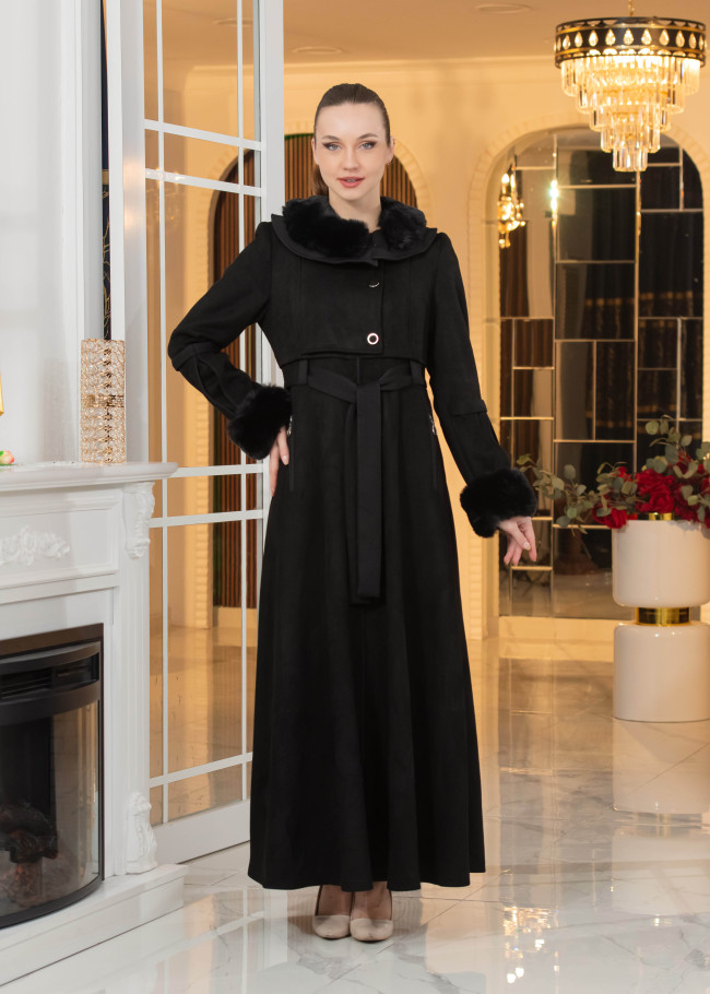 Long Suede Coat with Fur Lining - Code 1373 - black