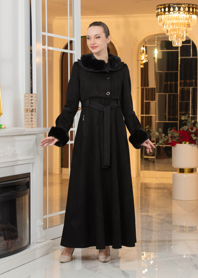 Long Suede Coat with Fur Lining - Code 1373 - black