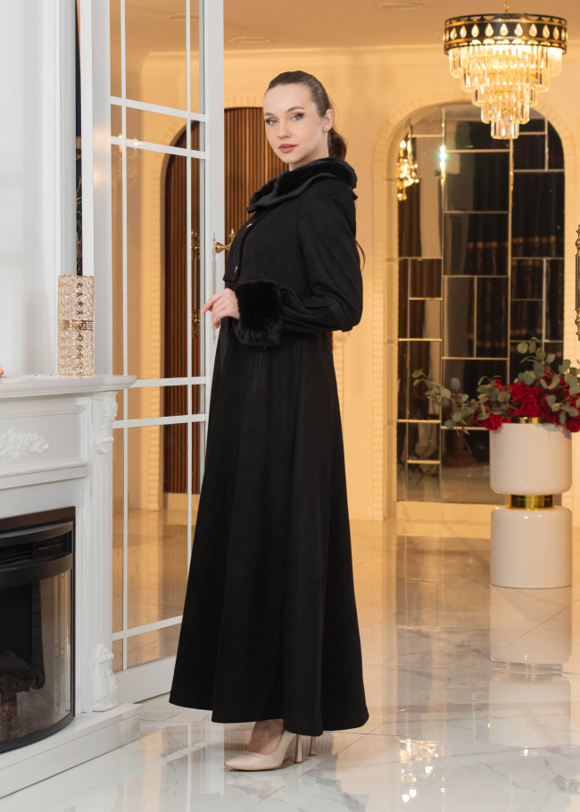 Long Suede Coat with Fur Lining - Code 1373 - black