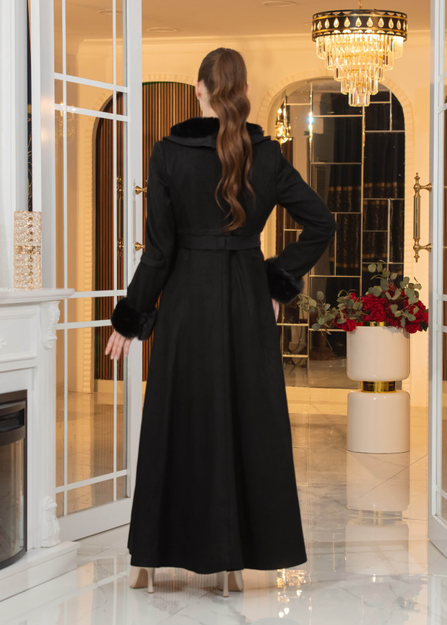Long Suede Coat with Fur Lining - Code 1373 - black