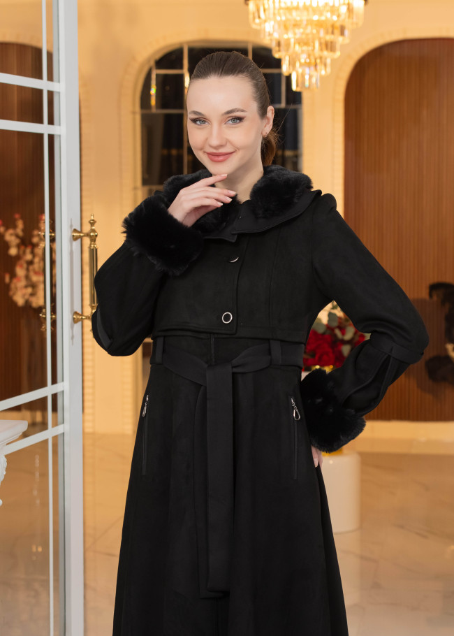 Long Suede Coat with Fur Lining - Code 1373 - black