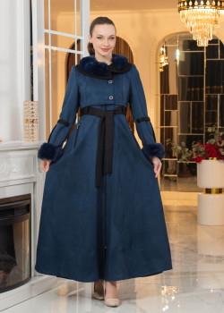 معطف شامواه طويل ببطانة فرو - كود 1373 - كحلي