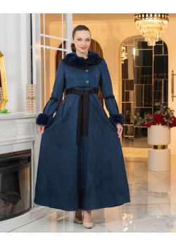 معطف شامواه طويل ببطانة فرو - كود 1373 - كحلي