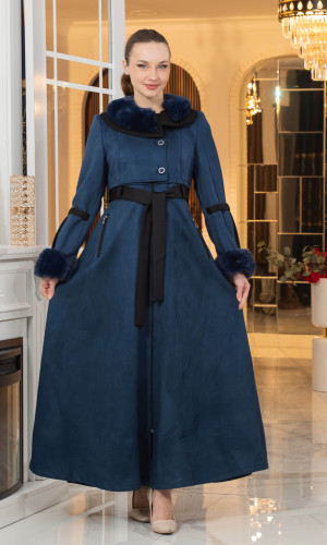 معطف شامواه طويل ببطانة فرو - كود 1373 - كحلي