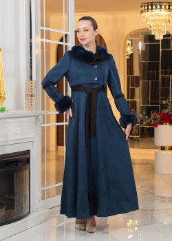 معطف شامواه طويل ببطانة فرو - كود 1373 - كحلي