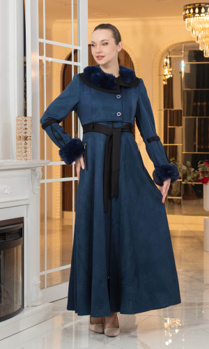 معطف شامواه طويل ببطانة فرو - كود 1373 - كحلي