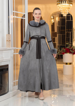 معطف شامواه طويل ببطانة فرو - كود 1373 - فضي