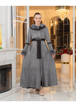 معطف شامواه طويل ببطانة فرو - كود 1373 - فضي