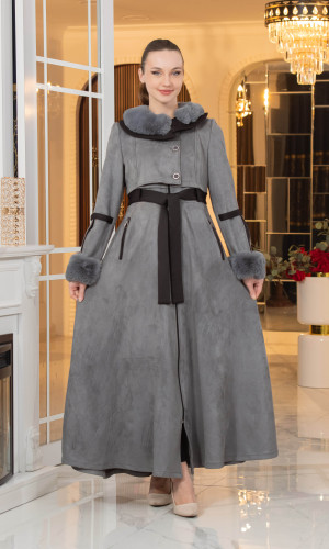 معطف شامواه طويل ببطانة فرو - كود 1373 - فضي