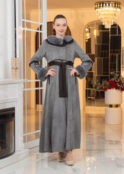 معطف شامواه طويل ببطانة فرو - كود 1373 - فضي