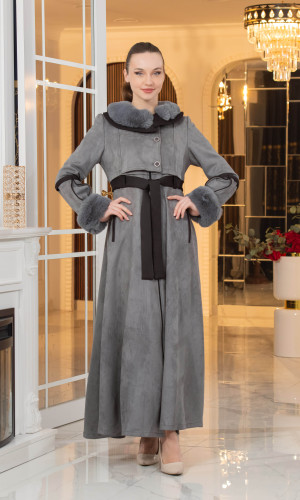 معطف شامواه طويل ببطانة فرو - كود 1373 - فضي