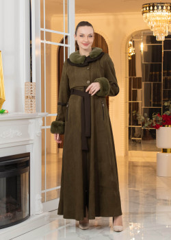 معطف شامواه طويل ببطانة فرو - كود 1373 - زيتي