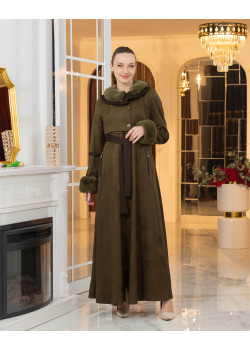 معطف شامواه طويل ببطانة فرو - كود 1373 - زيتي