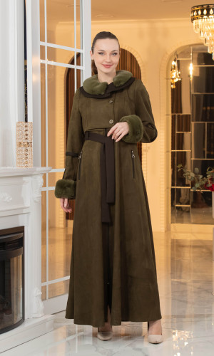 معطف شامواه طويل ببطانة فرو - كود 1373 - زيتي