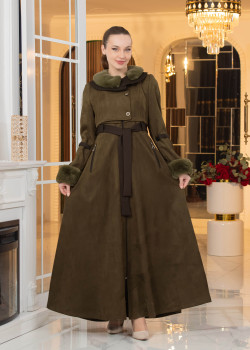 معطف شامواه طويل ببطانة فرو - كود 1373 - زيتي