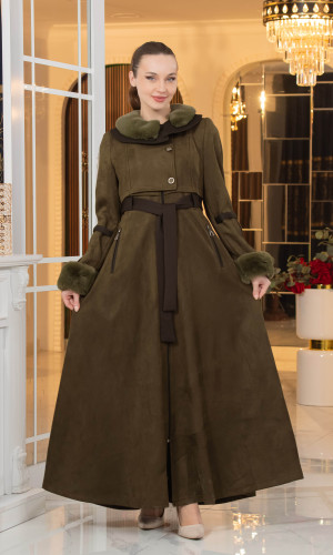 معطف شامواه طويل ببطانة فرو - كود 1373 - زيتي