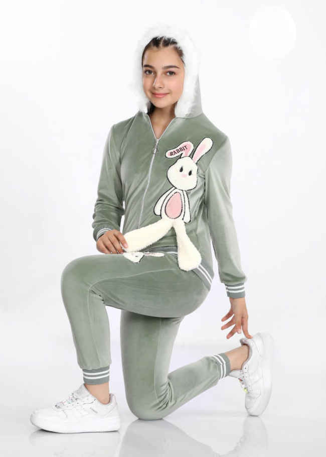 Girls Korean Velvet Pajama Set - Bunny Design - Code 3101 - khaki