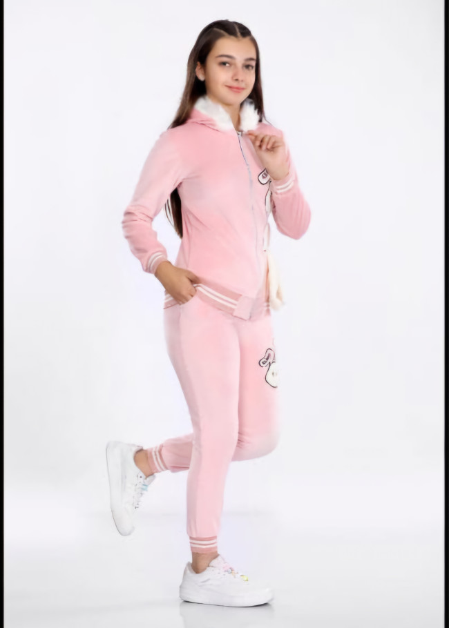 Girls Korean Velvet Pajama Set - Bunny Design - Code 3101 - powder pink/ dusty pink