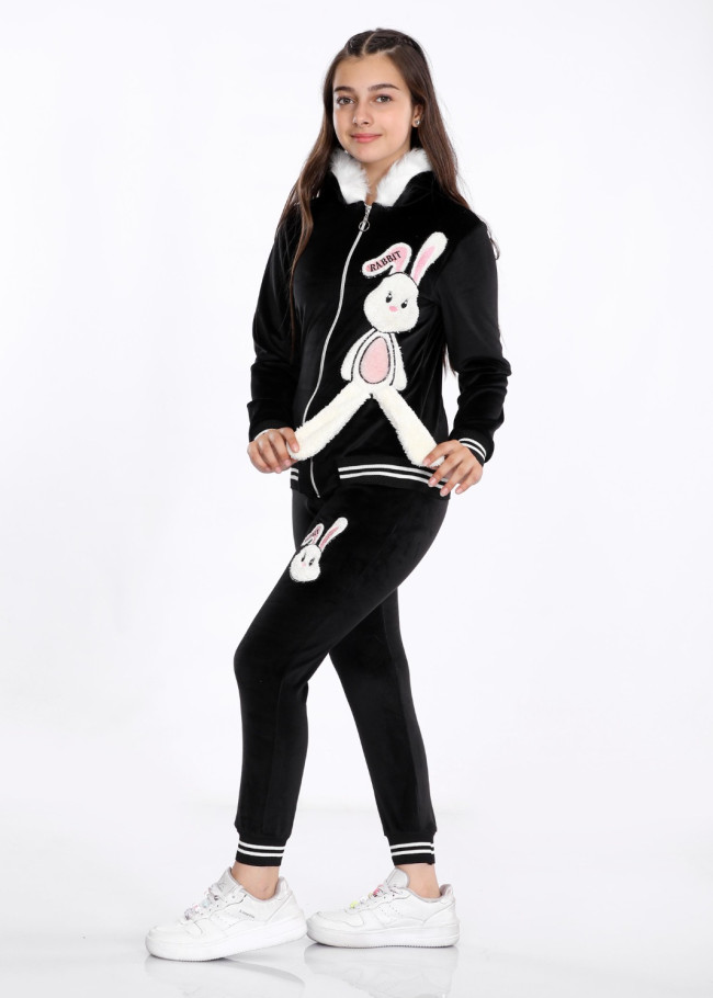 Girls Korean Velvet Pajama Set - Bunny Design - Code 3101 - black