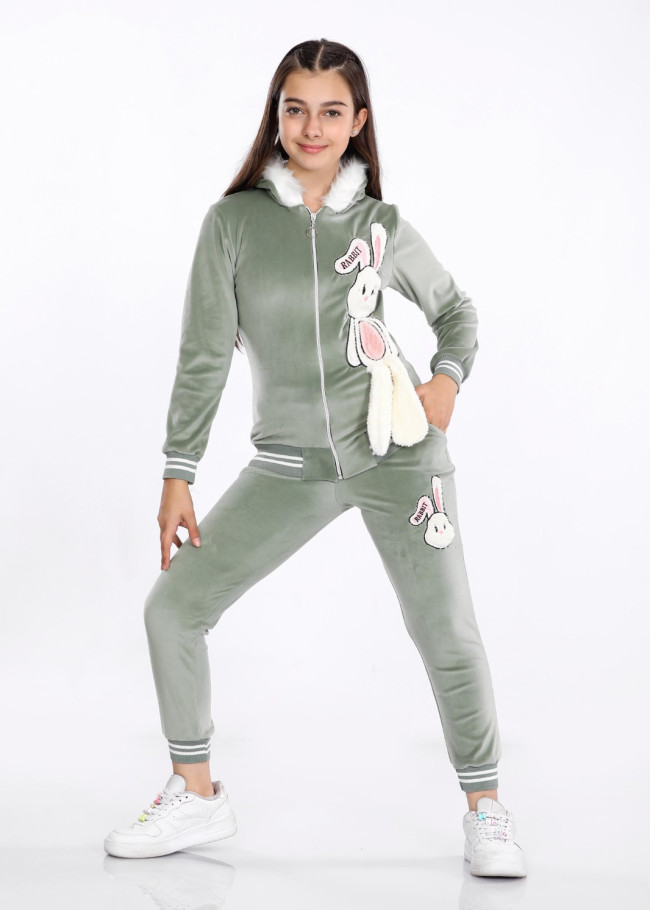 Girls Korean Velvet Pajama Set - Bunny Design - Code 3101 - khaki