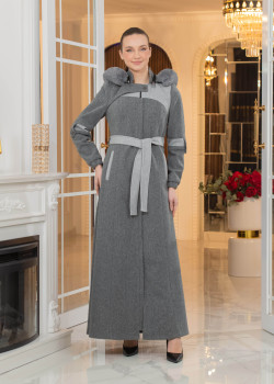 مانطو جوخ كشمير مع بطانة فرو وكبيشون قابل للإزالة - الكود 1374 - رمادي