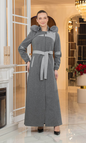 مانطو جوخ كشمير مع بطانة فرو وكبيشون قابل للإزالة - الكود 1374 - رمادي