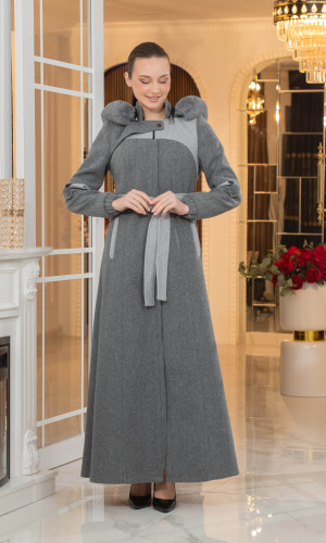 مانطو جوخ كشمير مع بطانة فرو وكبيشون قابل للإزالة - الكود 1374 - رمادي