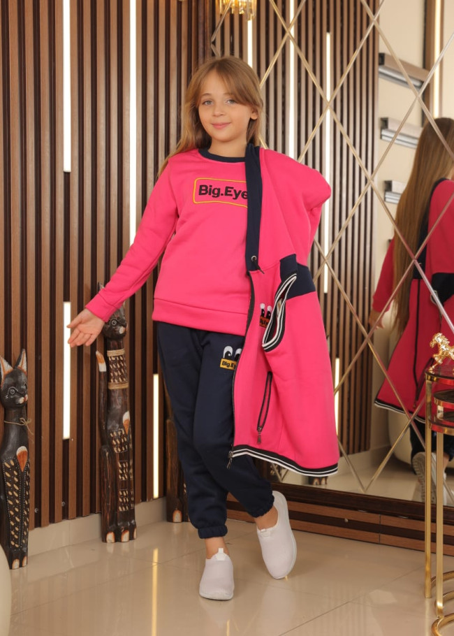 Çocuk Pijama Takımı Üç Parça - Kod 3102 - Fuşya
