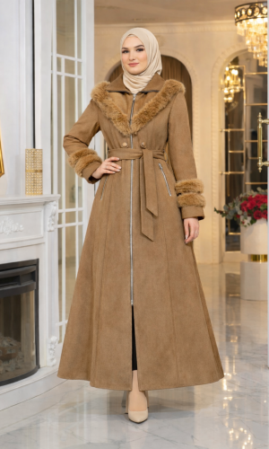 مانطو شاموا شتوي طويل مع ياقة فرو وسحاب 1390 - شوكو