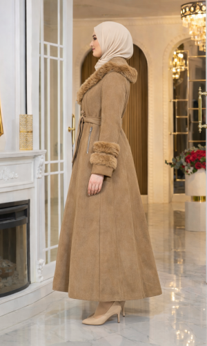 مانطو شاموا شتوي طويل مع ياقة فرو وسحاب 1390 - شوكو