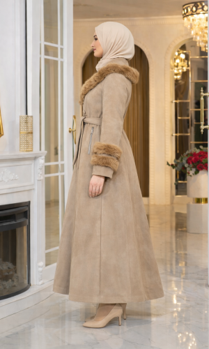 Long Suede Winter Coat with Fur Collar & Zipper 1390 - beige