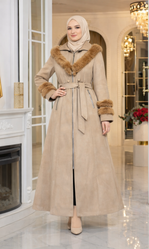 Long Suede Winter Coat with Fur Collar & Zipper 1390 - beige