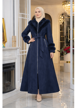 مانطو شاموا شتوي طويل مع ياقة فرو وسحاب 1390 - كحلي