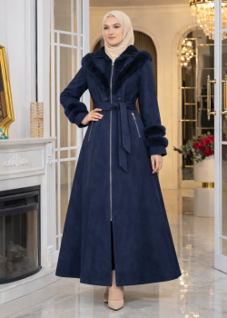 مانطو شاموا شتوي طويل مع ياقة فرو وسحاب 1390 - كحلي