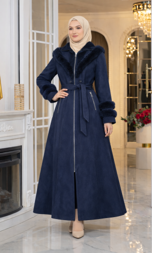 Long Suede Winter Coat with Fur Collar & Zipper 1390 - deep blue