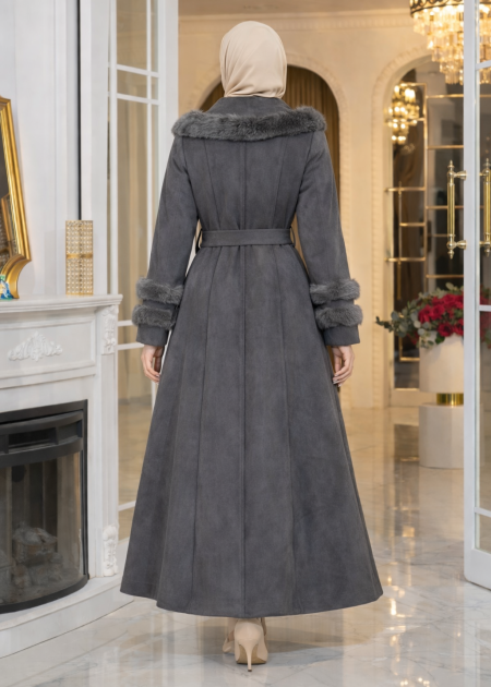 grey winter dress coat Long Suede with Fur Collar & Zipper 1390 - gray - HIJAB CLOTHING - Moda Mix tight