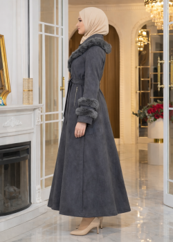 مانطو شاموا شتوي طويل مع ياقة فرو وسحاب 1390 - فضي