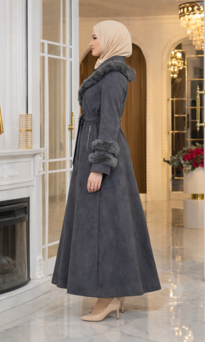 Long Suede Winter Coat with Fur Collar & Zipper 1390 - gray