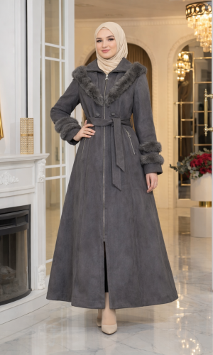 Long Suede Winter Coat with Fur Collar & Zipper 1390 - gray