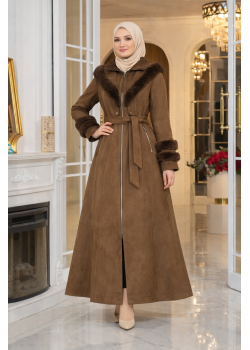 مانطو شاموا شتوي طويل مع ياقة فرو وسحاب 1390 - بني