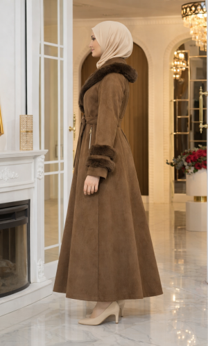 مانطو شاموا شتوي طويل مع ياقة فرو وسحاب 1390 - بني