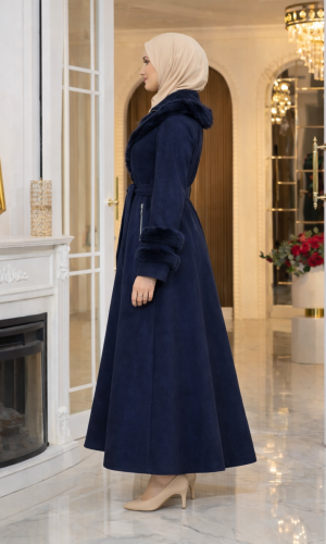 Long Suede Winter Coat with Fur Collar & Zipper 1390 - deep blue