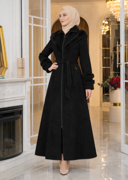 مانطو شاموا شتوي طويل مع ياقة فرو وسحاب 1390 - اسود