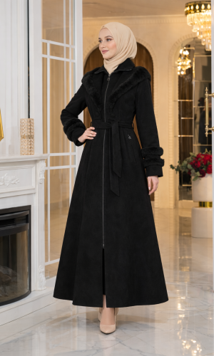 Long Suede Winter Coat with Fur Collar & Zipper 1390 - black