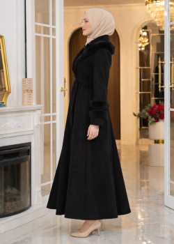 مانطو شاموا شتوي طويل مع ياقة فرو وسحاب 1390 - اسود