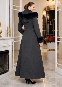 معطف جوخ طويل شتوي بياقة فرو وقبعة 1392 - رمادي