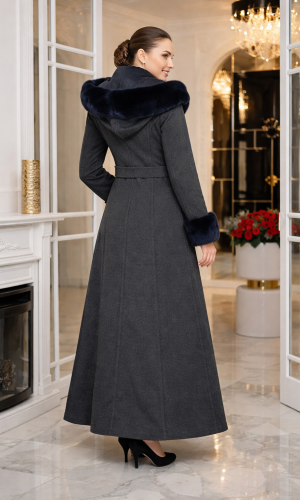 Ribbed Broadcloth Winter Coat with Faux Fur Hood 1392 - Anthracite