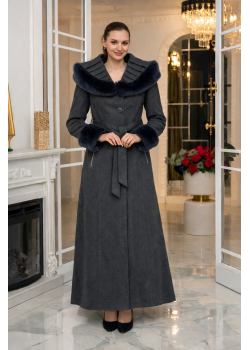 معطف جوخ طويل شتوي بياقة فرو وقبعة 1392 - رمادي